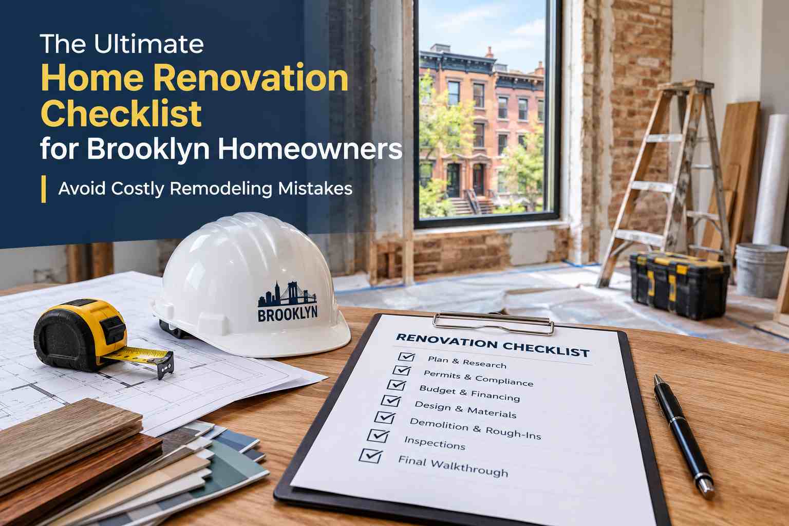 Home renovation checklist for Brooklyn homeowners with tools, plans, and remodeling materials